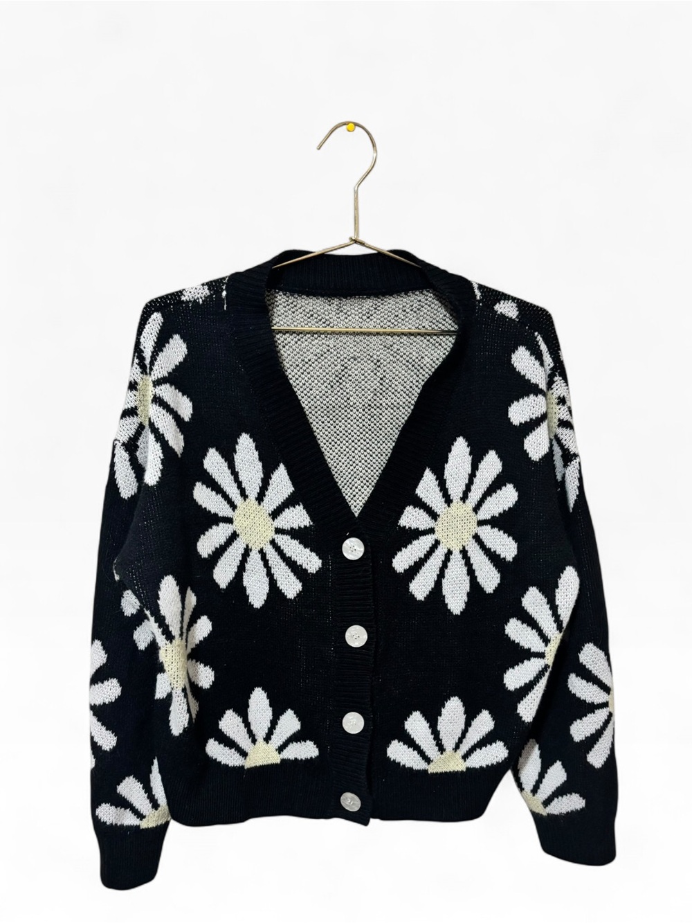 Daisy Print Black V-Neck Button Cardigan
